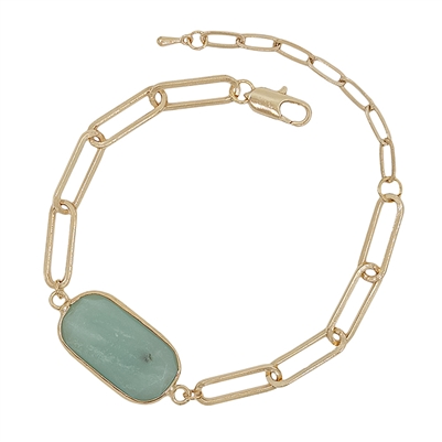 Mint Oval Natural Stone on Gold Link Chain Bracelet