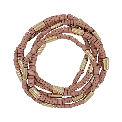 Pink Wood and Gold Set of 5 Stretch Bracelet