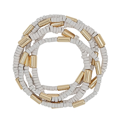 White Wood and Gold Set of 5 Stretch Bracelet