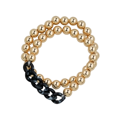 Black Acrylic Chain and Gold Beaded 2 Strand Stretch Bracelet