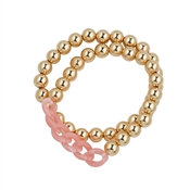 Pink Acrylic Chain and Gold Beaded 2 Strand Stretch Bracelet