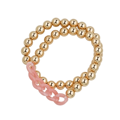 Pink Acrylic Chain and Gold Beaded 2 Strand Stretch Bracelet