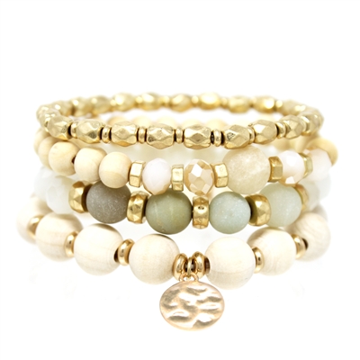 Mint/Cream Wood, Natural Stone, and Gold Coin Set of 4 Stretch Bracelet