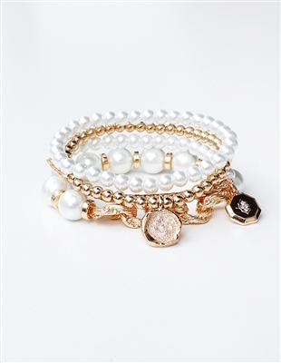 Pearl and Gold Coin Set of 4 Stretch Bracelet