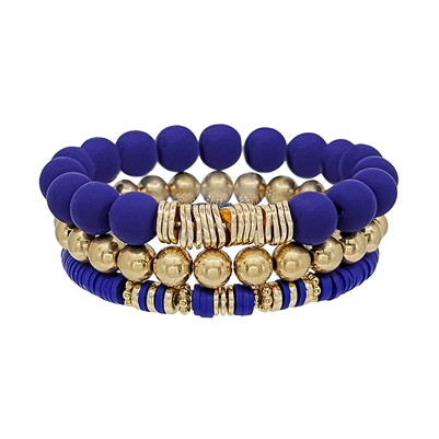 Purple Rubber, Clay, and Gold Set of Three Stretch Bracelet, Game Day