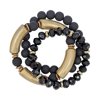 Black Clay, Gold, and Crystal Set of Three Stretch Bracelet