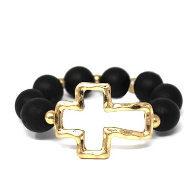 Black Wood Beaded with Gold Cross  Stretch Bracelet