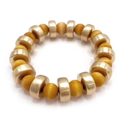 Gold Bar and Brown Wood Beaded Stretch Bracelet