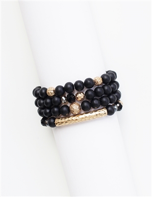 Set of 4 Black Natural Stone and Gold Bar Stretch Bracelets