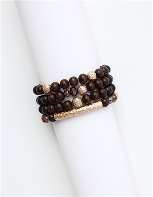 Set of 4 Dark Brown Natural Stone and Gold Beaded Stretch Bracelets