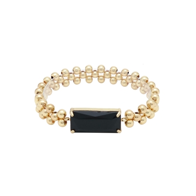 Gold Beaded Stretch Bracelet with Black Rectangle Stone, Great for Layering!