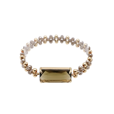 Light Mocha Crystal Beaded Stretch Bracelet with Topaz Rectangle Stone, Great for Layering!