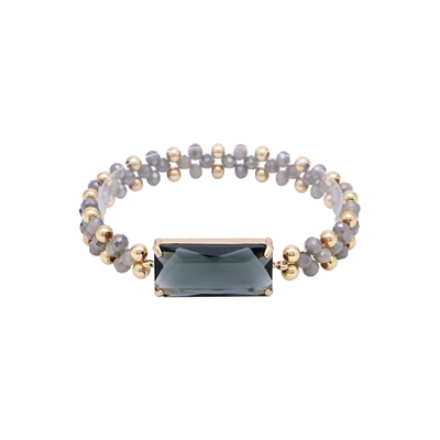 Grey Crystal Beaded Stretch Bracelet with Topaz Rectangle Stone, Great for Layering!