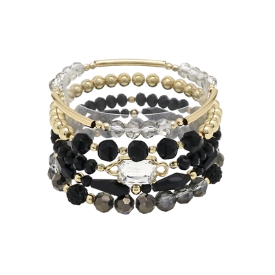 Set of 5 Black Crystal, Gold, and Black Stone Stretch Bracelet