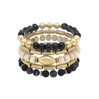 Set of 5  Black Stone, Wood, and Gold Stretch Bracelet