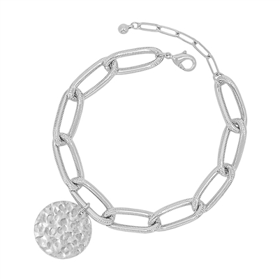 Silver Textured Chain with Hammered Charm Bracelet