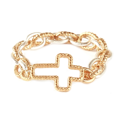 Gold Link Stretch with Open Cross Bracelet