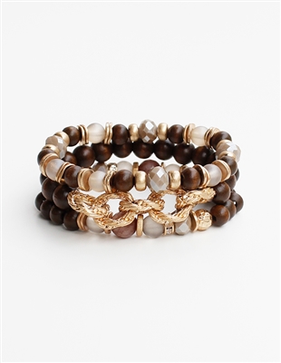 Brown Crystal and Natural Stone with Gold Chain Set of 3 Stretch Bracelet