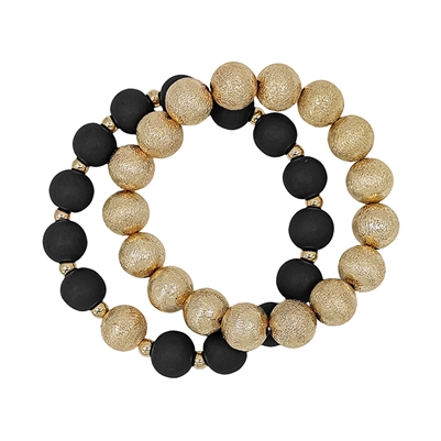 Gold Textured Beaded and Black Wood Set of 2 Stretch Bracelets