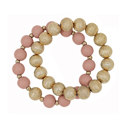Gold Textured Beaded and Blush Wood Set of 2 Stretch Bracelets