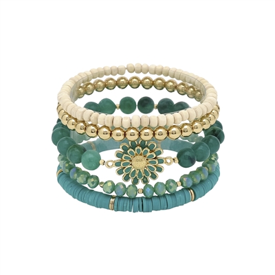 Teal Crystal, Rubber, and Gold Set of 5 Flower Stretch Bracelet