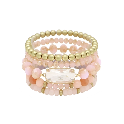 Pink Crystal and Gold with Clear Stone Set of 5 Stretch Bracelet s