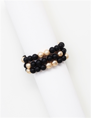 Black Wood and Gold Textured Beaded Set of 3 Stretch Bracelet