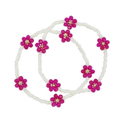 Hot Pink Beaded Flower with White Seed Set of 2 Stretch Bracelets