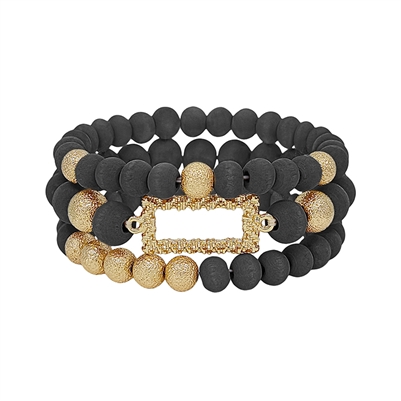Black Wood and Textured Gold Beaded Set of 3 Stretch Bracelet