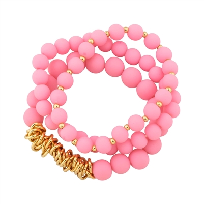 Pink Clay Beaded and  Gold Set of 3 Stretch Bracelets