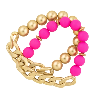 Gold and Hot Pink Color Coated Metal with Gold Chain Set of 2 Stretch Bracelet