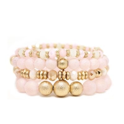 Set of 4 Natural Pink Stone with Gold and Crystal Accent Stretch Bracelets