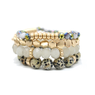 Set of 4 Dalmatian Natural Stone, Crystal, and Gold Nuggets Stretch Bracelet