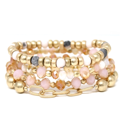 Pink Crystal, Stone, and Gold Beaded Chain Set of 4 Stretch Bracelets