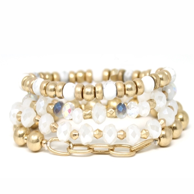 White Crystal, Stone, and Gold Beaded Chain Set of 4 Stretch Bracelets
