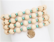 Natural Wood Beaded and Mint Seed Bead Set of 4 Stretch Bracelet