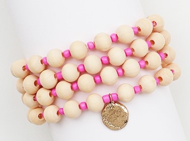 Natural Wood Beaded and Pink Seed Bead Set of 4 Stretch Bracelet