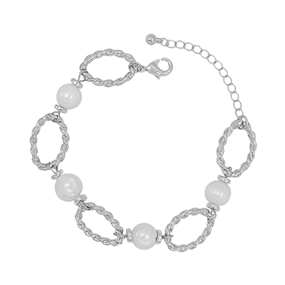 Freshwater Pearl and Open SilverTextured Oval Bracelet