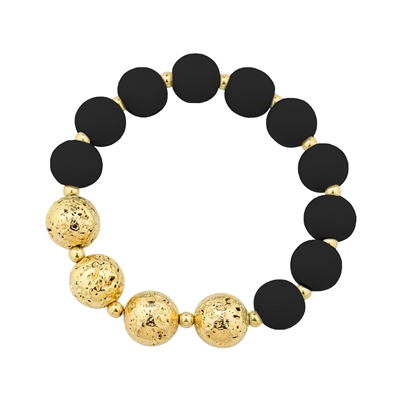 Black Wood Beaded and Gold Textured Stretch Bracelet