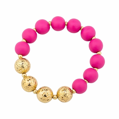Hot Pink Wood Beaded and Gold Textured Stretch Bracelet