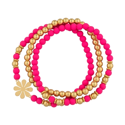 Hot Pink Wood and Gold with Gold Flower Set of 3 Bracelets