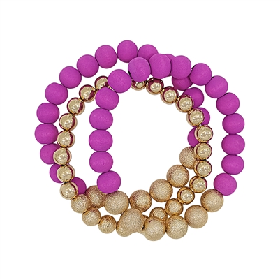Hot Pink Wood and Gold Textured Beaded Set of Three Stretch Bracelets
