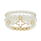 Pearl and Gold Textured Beaded and Clover Set of 3 Stretch Bracelets