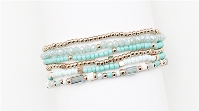 Mint, Cream, and Gold Seed Bead Set of 6 Stretch Bracelets