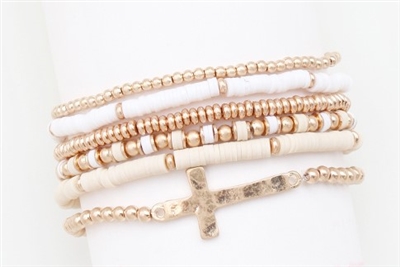 Cream and Gold Seed Bead with Cross Set of 6 Stretch Bracelets