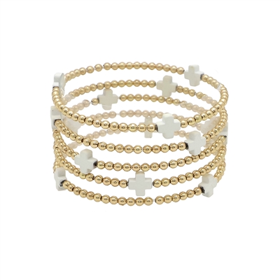Gold Beaded with White Cross Set of 5 Stretch Bracelets