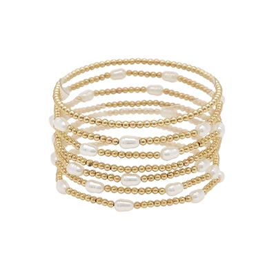 Gold Beaded with Pearl Set of 7 Stretch Bracelets