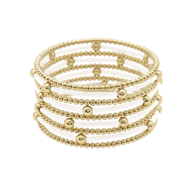 Gold Beaded with White Band Set of 9 Stretch Bracelets