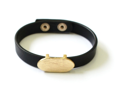 Black Leather Snap Bracelet with Gold Oval Accent
