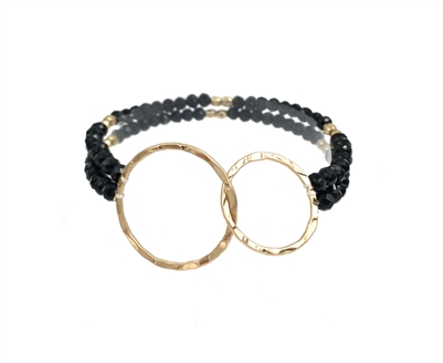 Black Double Strand Crystal Stretch Bracelet with Matte Gold Circles